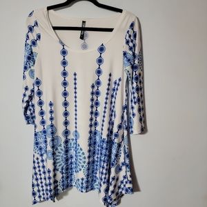 💚 White Mark Sz‎ Large Tunic Swing Blue And White Stretch W/Pockets